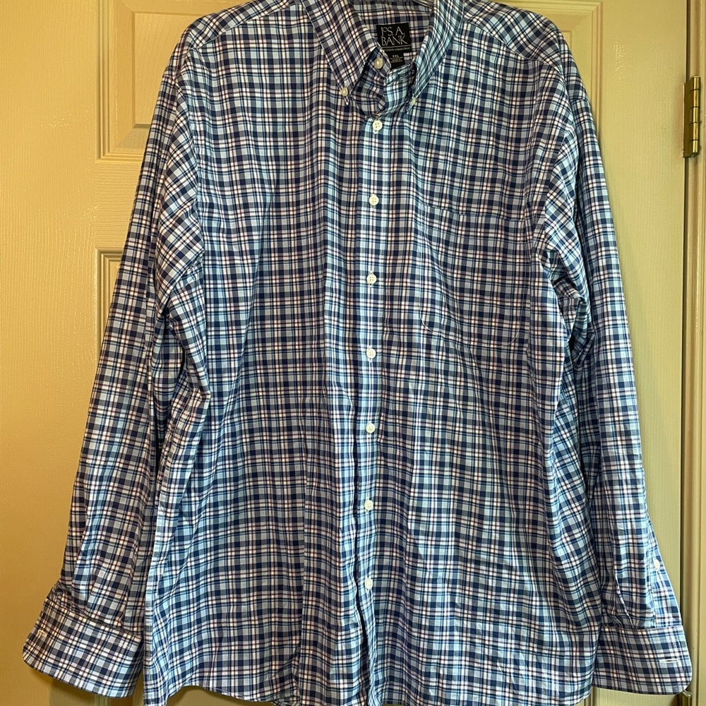 JoS. A. Banks Long Sleeve Men's Blue Plaid Button-Down Shirt w/Pocket, Size‎ XXL